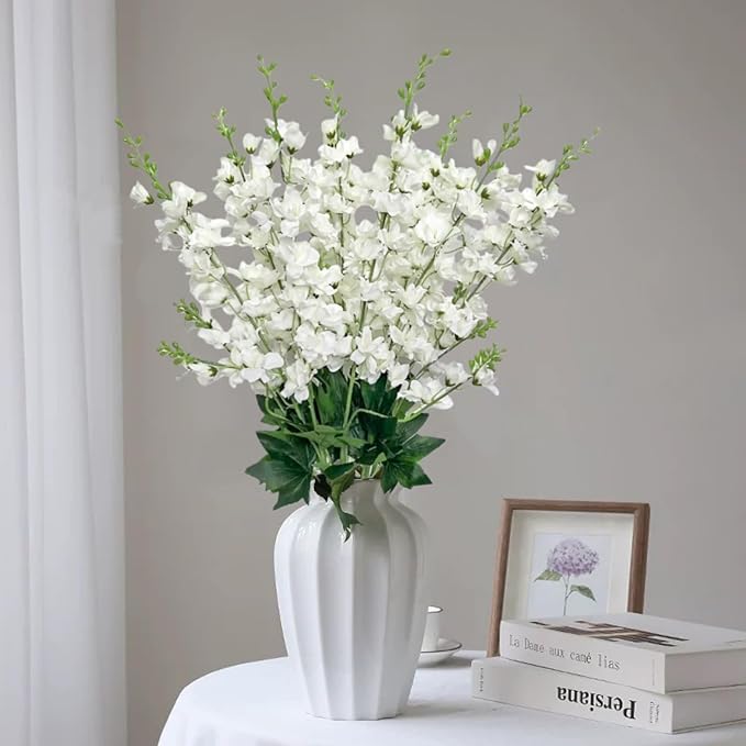 8 pcs White Delphinium Artificial Flowers, 34.25''Artificial Snapdragon Flowers Tall Fake Flowers Silk Flowers Faux Delphinium Bulk for Tall Vase Home Wedding Garden Table Decor (White)