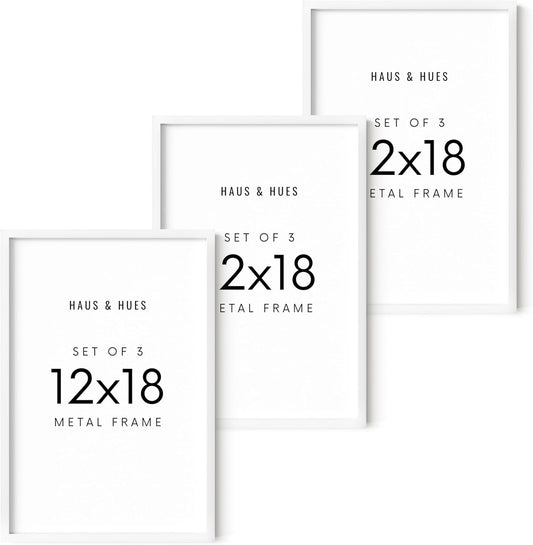 HAUS AND HUES 12x18 White Metal Picture Frames - Features Premium Aluminum, Vertical & Horizontal Hang, Shatterproof Plexiglass - Perfect for Home, Room, Office (12x18 in, White, Set of 3)