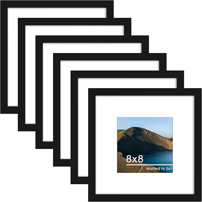 PEALSN 8x8 Picture Frame Set of 6, Display Pictures 5x5 with Mat or 8x8 without Mat for Wall Mounting or Table Top Display, Black.