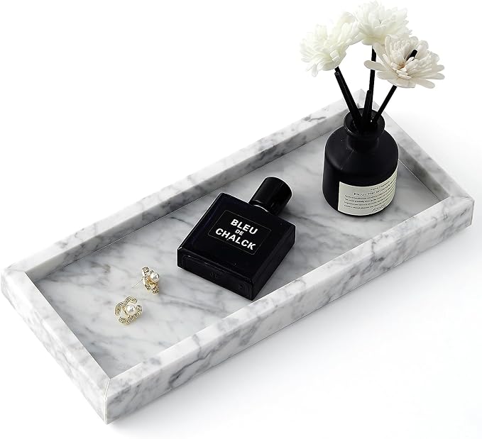 Real Natural Marble Tray for Bathroom, Vanity, Kitchen and Desktop, Rectangle Genuine Marble Stone Tray for Jewelry, Cosmetics, Candles, Lotion, Perfume and Home Decor, 12"x5" Size