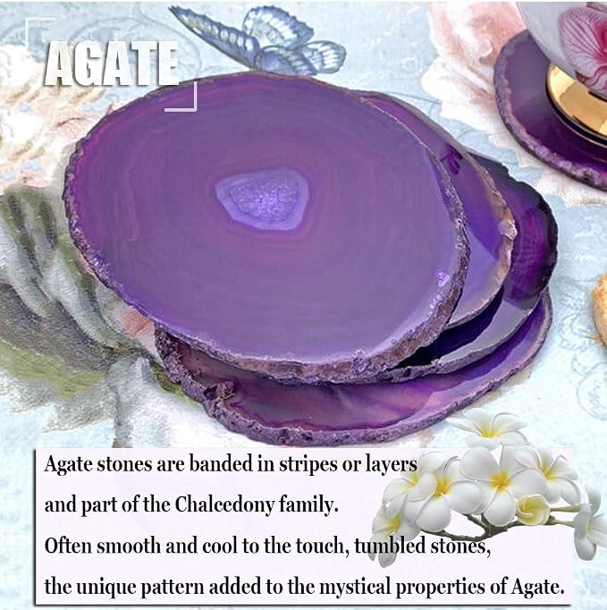 Natural Agate Coasters Set of 4, Dyed Purple 4-5" Geode Slices, Wide Crystal Stone Drink Coasters with Rubber Bumpers for Cups, Mugs & Wine Glasses, Unique Home Decor