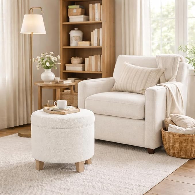 HomePop 19" Faux Sheepskin Round Storage Ottoman - Light Cream