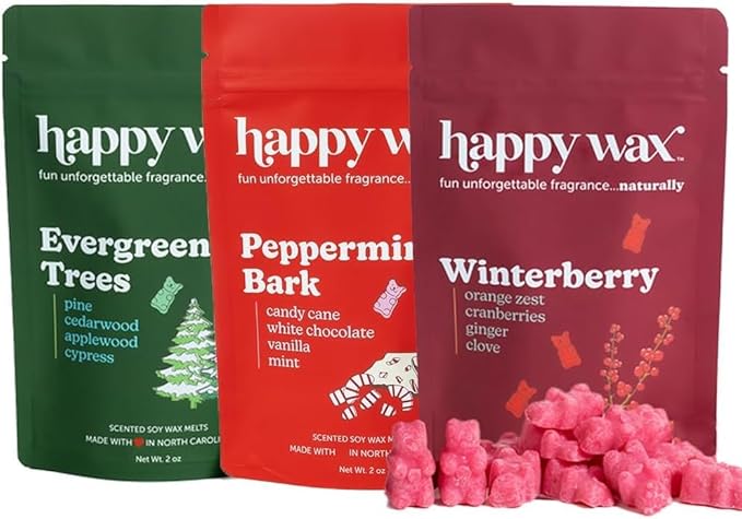 Happy Wax Christmas Mix Scented Natural, Non Toxic Soy Wax Melts; 6 Total Oz. of Holiday Scented Wax Melts, Collection Includes Winterberry, Evergreen Trees and Peppermint Bark