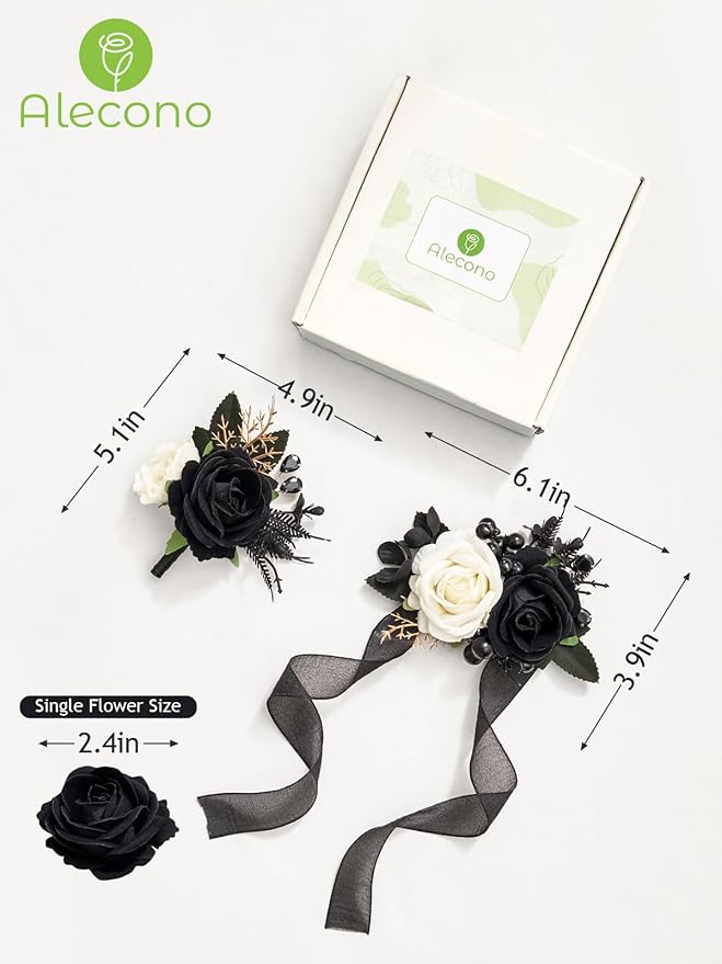 Alecono Black and White Corsage and Boutonniere Set, Corsages for Bride Bridesmaid Groom Bridegroom, Artificial Flowers for Prom Graduation Ceremony Anniversary