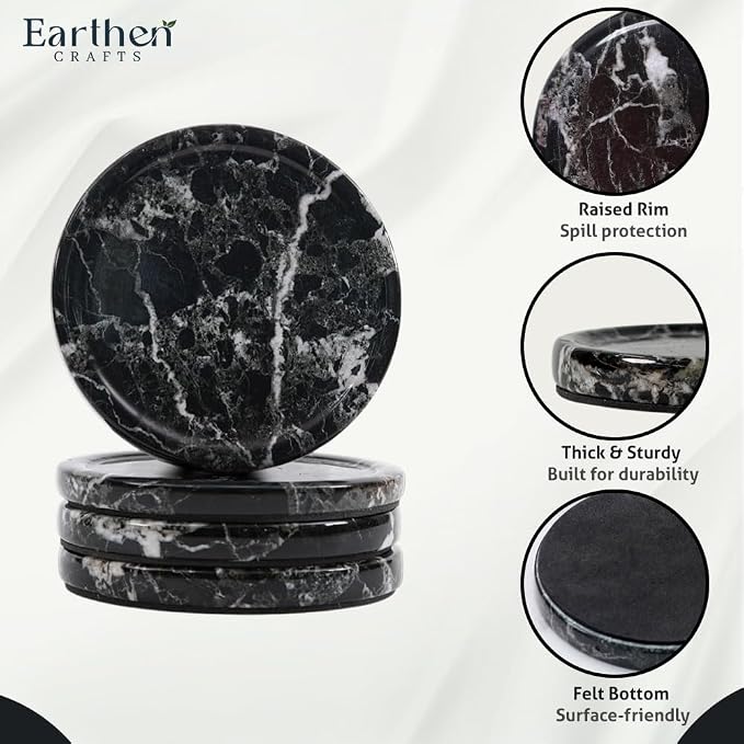 Marble Coasters Set of 4 for Drinks 4 Inches Round Black Stone Drink Coaster, Decorative for Coffee Table Decor, Kitchen Counter