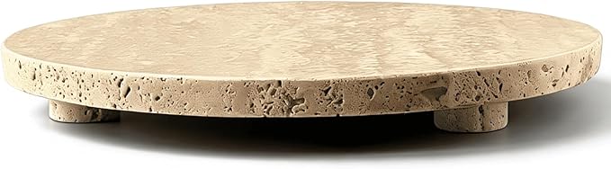 Beige Travertine Marble Riser - Round Pedestal Marble Trivet Vanity Tray with 3 Feet, Minimalist Stone Display Stand for Bathroom Counter, Kitchen, Perfume, Jewelry & Scented Candles (Middle)