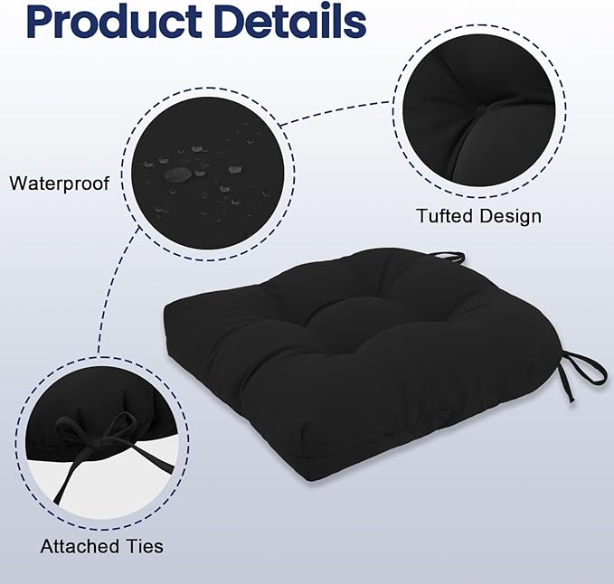 idee-home Outdoor Chair Cushions Set of 2, Patio Seat Cushions | Tufted Thick 19 x 19 x 5 Inch Cushions for Outdoor Furniture Waterproof with Ties, Dining Pads Dark Cerulean