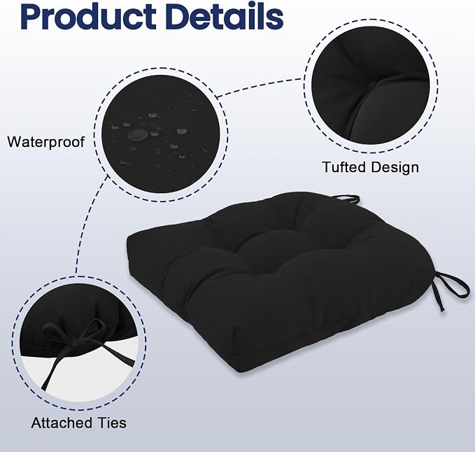idee-home Outdoor Chair Cushions Set of 4, Patio Seat Cushions | Tufted Thick 17 x 17 x 5 Inch Cushions for Outdoor Furniture Waterproof with Ties, Dining Pads Dark Cerulean