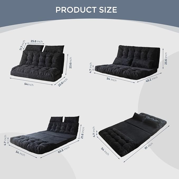 MAXYOYO Folding Sofa Bed, Tufted Bean Bag Bed with Pillows Floor Couch for Adults, Extra Thick and Long Floor Sofa, Full Floor Couch Bed for Bedroom Living Room, Black, 54x91 Inch