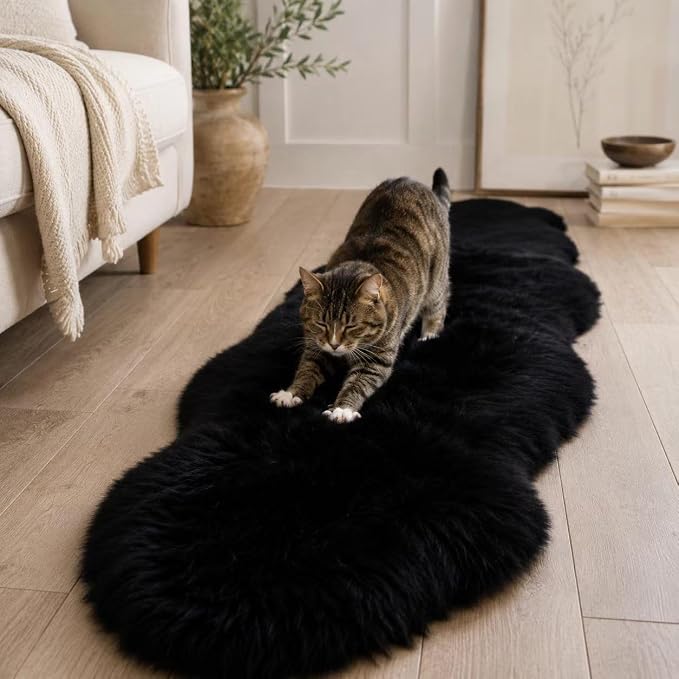 Sheepskin Rug, Fluffy Shag Area Rug, Super Soft 24” x 72“ Sheepskin Hair Rug, Inky Black Pile Rug, Decorative Throw Rugs for Bedrooms, Children's Rooms, Living Rooms (Inky Black, 24" x 72")
