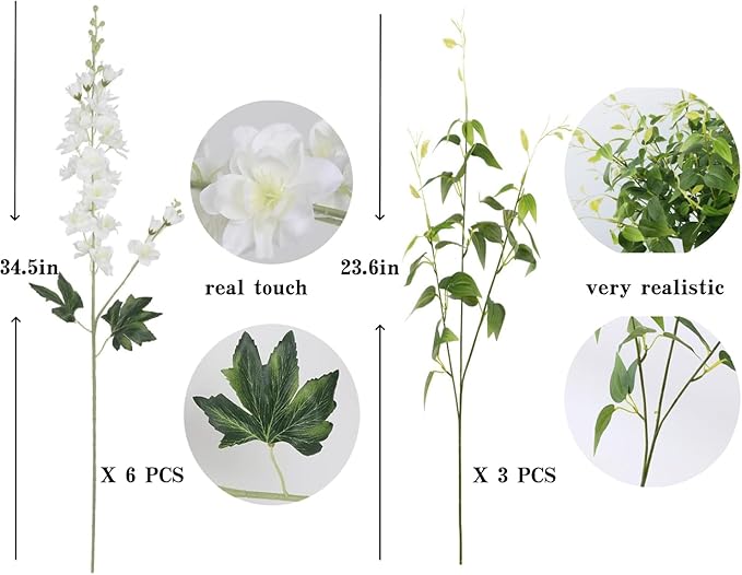 9 pcs Delphinium Artificial Flowers, 34.25''Artificial Snapdragon Flowers Tall Fake Flowers Silk Flowers Faux Delphinium Bulk for Tall Vase Home Wedding Garden Table Decor (White+A)