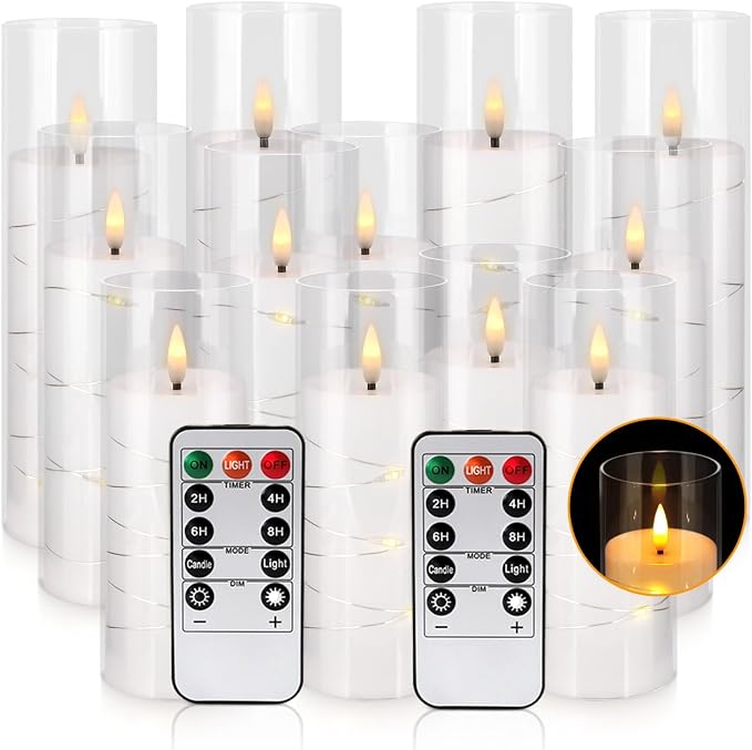 12 Pack Acrylic Flameless Candles,with Embedded Star String, Battery Operated Candles Flickering LED Pillar Candles with Remote Control and Timer, Ideal for Indoor/Outdoor Decor,Wedding,BBQ and Gift.
