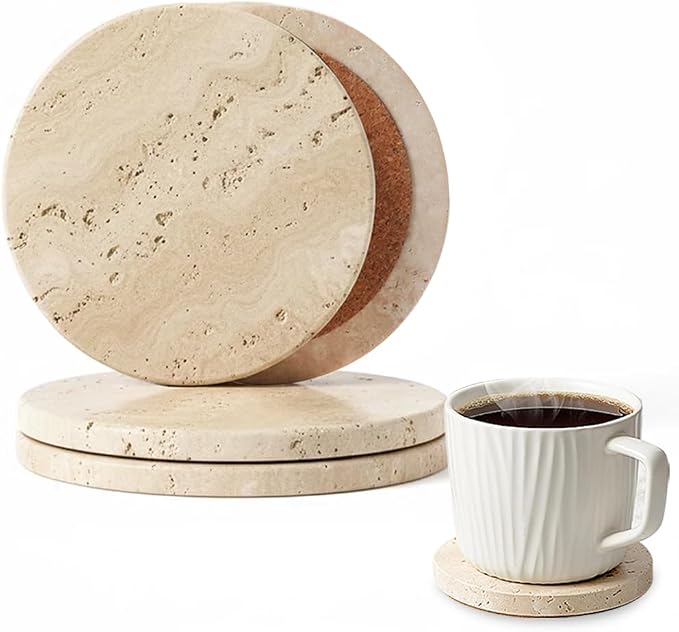 Beige Travertine Coasters Set of 4, Non-Slip Cork Backing, Natural Stone Coaster for Drinks, Anti-Slip Round Artisanal Travertine Coaster for Kitchen Counter and Coffee Table (Round)