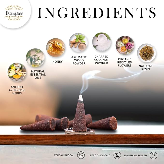 Raajsee Natural Incense Cones,6 Pack Mixed Scents Gift Pack 15 pc Each (90 Total), Insense Cones Variety Pack, 100% Organic Non Toxic Natural - Hand Rolled Free from Chemicals (Pack 2)