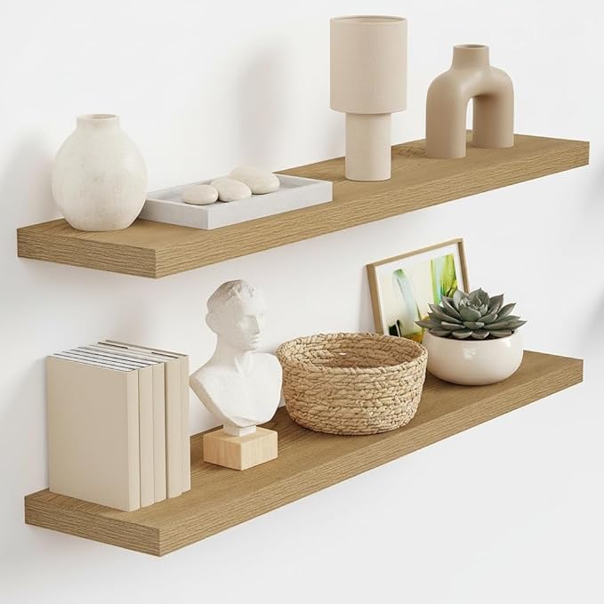 Vivelove 36 Inch Floating Shelves for Wall, 9" Deep Display Shelves for Bathroom Living Room Kitchen Bedroom Office Farmhouse Home Decor - Set of 2, Oak