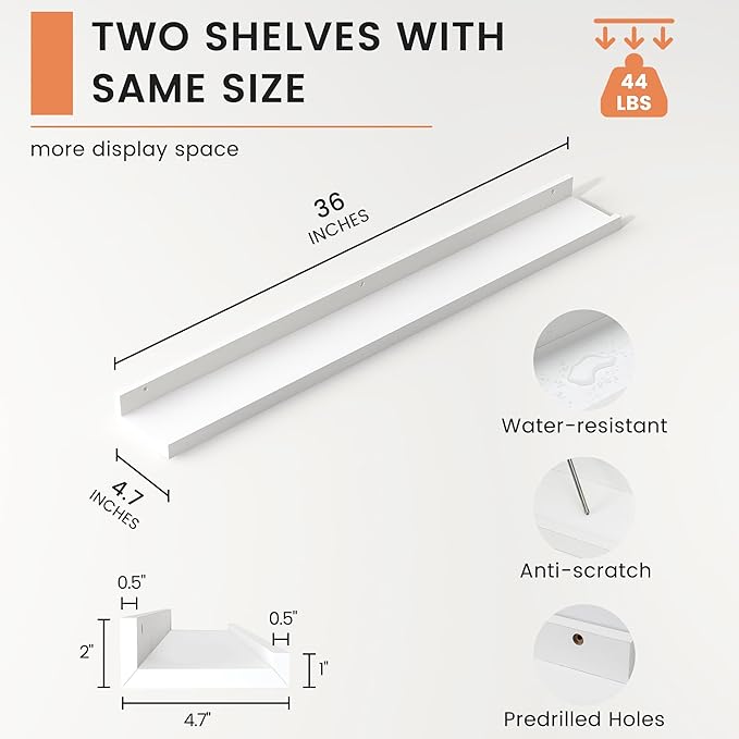 FLYJOE Picture Ledge Shelf, Floating Shelves Set of 2, 36 Inches Nursery Book Shelves for Toys Storage, Kids Bookshelf Wall Mounted for Living Room Bedroom Decor Books Photo Frames, White