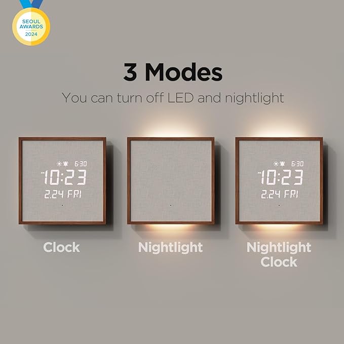 mooas Wooden Frame LED Silent Wall Clock with Remote, Backlit Nightlight, Modern Digital LED Wall Clock Display Sunrise Alarm Melody 5 Brightness for Bedroom Living Room (Wooden Frame Dark Brown)