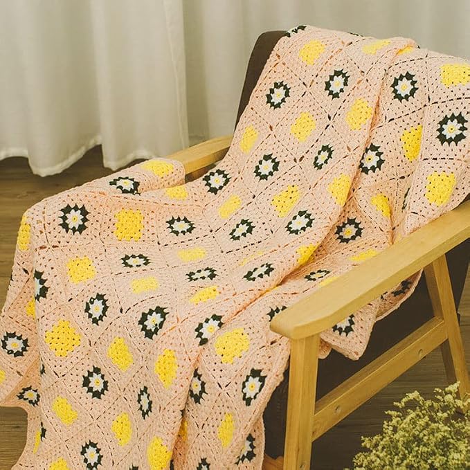 RISEON Handmade Granny Square Crochet Throw Blanket Sweater Style Mat, Crochet Quilt, Multicolor Boho Travel Accent Decor Throw for Sofa Comforter Couch Bed Recliner Living Room Bedroom (Pink)