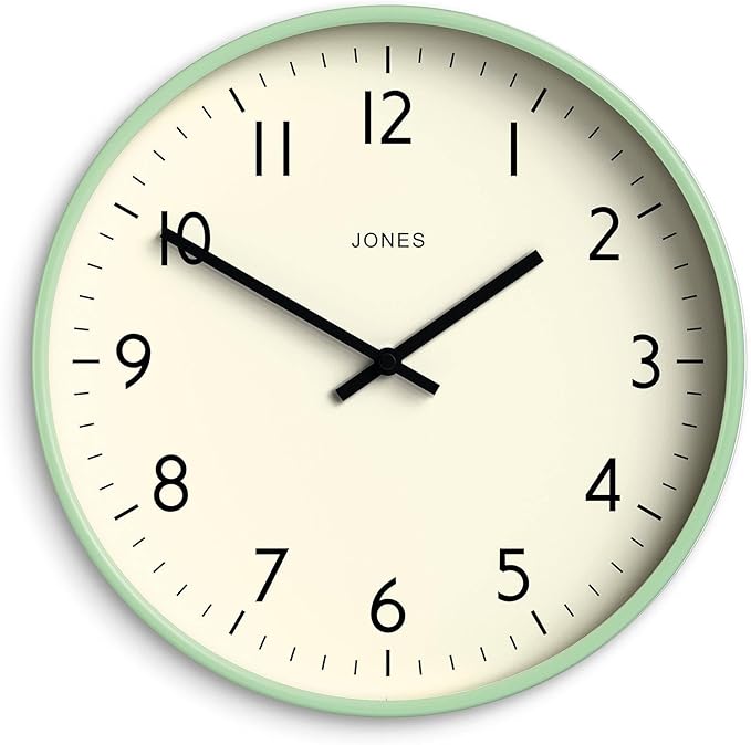 JONES CLOCKS® Studio wall Clock | Modern Round Style | 12 inch | Neo Mint Green | Easy to Read Numbers | Versatile Design for Kitchen, Living Room or Office