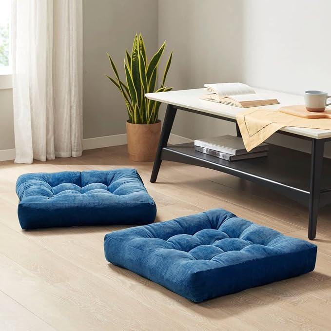 Degrees of Comfort Floor Cushion 6 Pack for Meditation, Office & Dorm Room – Corduroy Soft Seating Set, 22 Inch, High-Density Foam, Square Shape, Navy