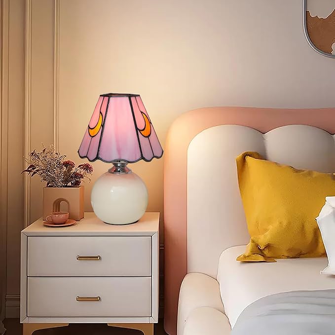 Tiffany Style Moon Mushroom Stained Glass Table Lamp Pink Cute Small Table Lamp Bedroom Bedside lamp Living Room Dining Room Office Decoration Desk lamp Home Decoration Creative Gift