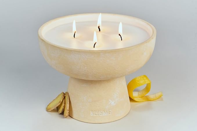 Blueme Happiness Candle | Yuzu & Ginger | 4 Wick - Refillable Wellness Candle with Essential Oils, Hand Finished & Poured Soy Wax Blend Ceramic Vessel, Natural Cotton Wicks | Large 24 oz