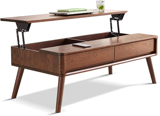 100% Solid Wood Lift Top Coffee Table for Living Room, Mid Century Modern Tables with Drawers and Large Storage, Oak Wood Coffee Tables for Small Spaces (Oak Walnut Color, 47.24"W x 23.62"D x 25.59"H)