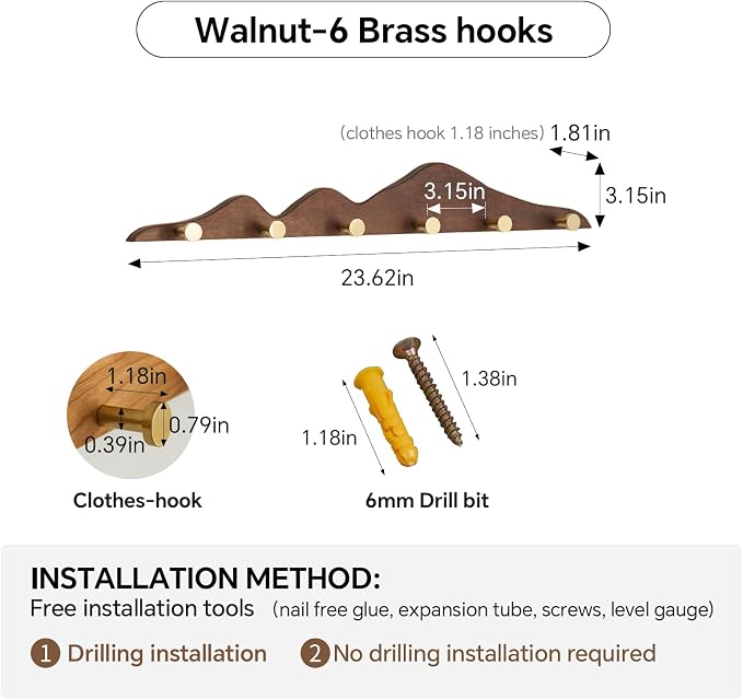 Elegant Wall Coat Rack with Hooks Walnut Wood Solid Coat Hanger Wall Mount with 6 Brass Hooks, Moisture-Resistant Wax Oil Finish for Home (Walnut, 6 Hooks)