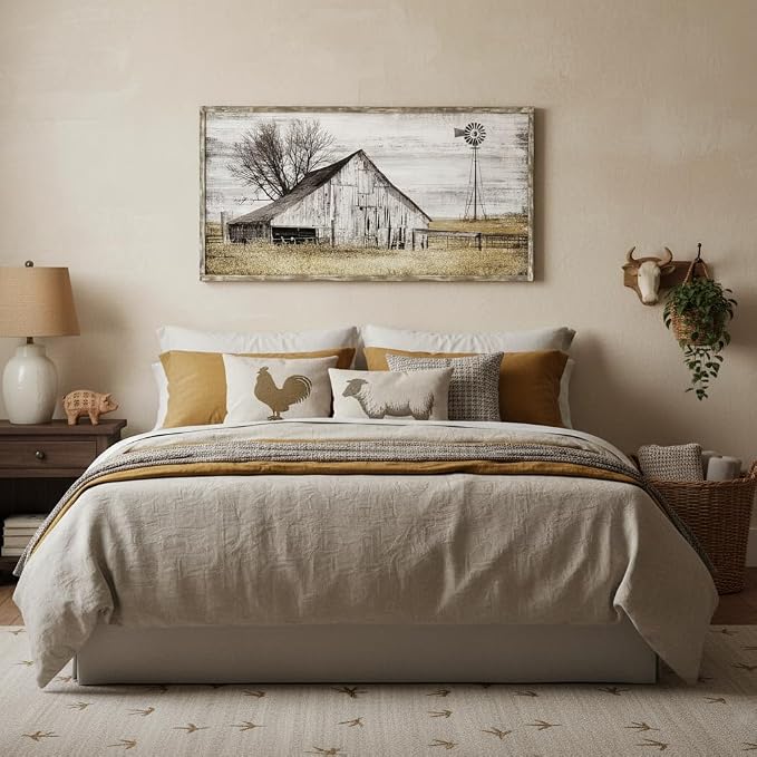 Barn Framed Wall Art Farmhouse: Rustic Farm Wood Picture Decor Large Windmill Country Scene Painting Horizontal Nature Landscape Artwork Panoramic Countryside View Print for Home Living Room Bedroom