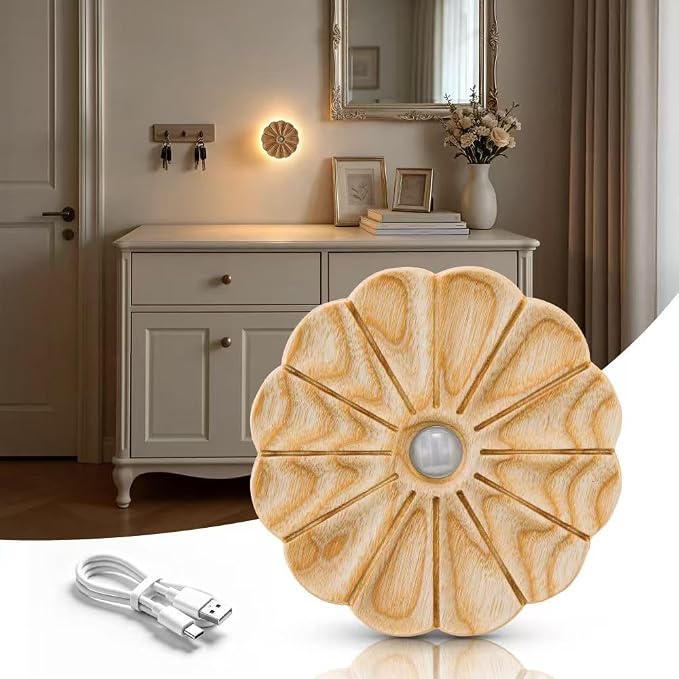 Night Light Wooden Carved Flower Mini USB Rechargeable Motion Sensor Nightlights Magnetic Wall Light for Hallway, Bedroom, Living Room, Stair, Ash Wood