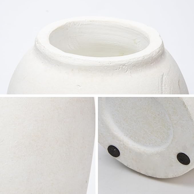 Handcrafted Terracotta Flower Vase, 9.6" Tall, Vintage White Ceramic, Rustic Antique Decor, Wide Mouth, Matte Finish for Home Office Resto Cafe