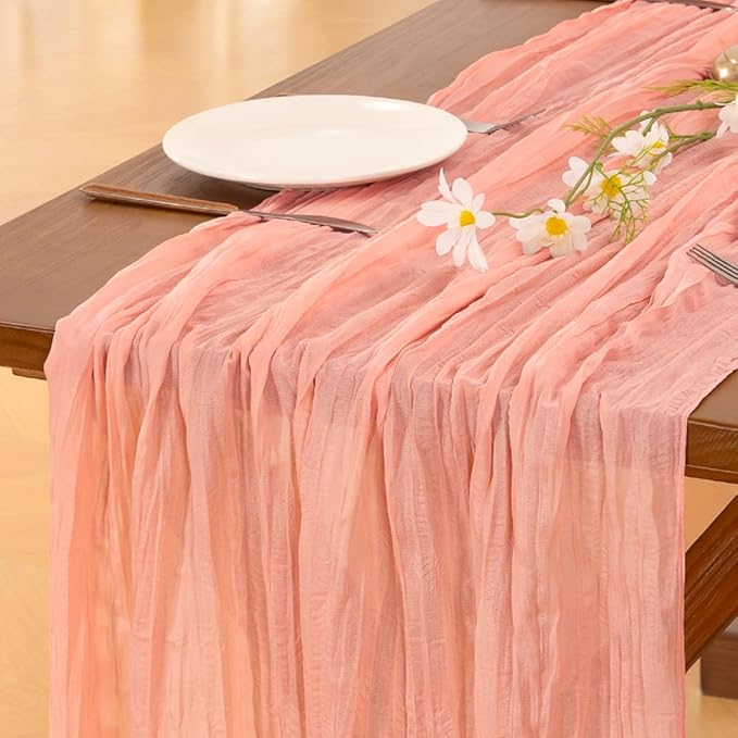 Socomi 6pcs Coral Peach Easter Spring Cheesecloth Table Runner Boho Rustic Gauze 120 inch 10FT Cheese Cloth Runner for Wedding Party Baby Shower Birthday Home Decor Holiday Decorations