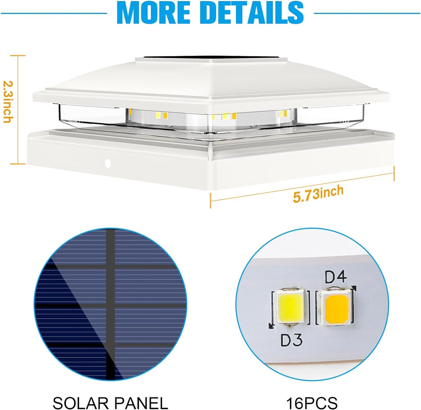 VOLISUN Solar Post Cap Light Outdoor Waterproof 4pack,Solar Fence - Post Lights for 4x4 5x5 6x6 Wooden/Vinyl Post,White Deck Cap Light Solar Powered with Warm White for Garden/Patio/Porch