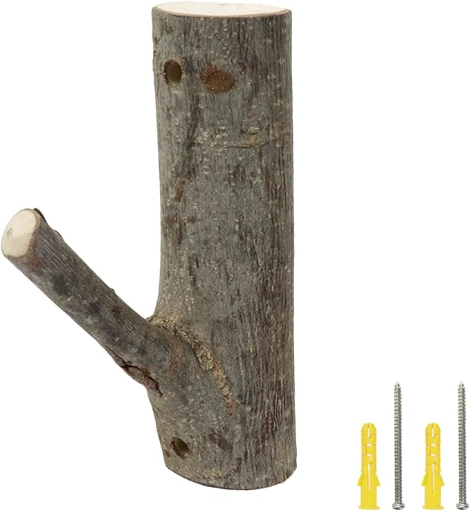 2Pcs Real Wood Tree Branch Wall Hook,Thickness 3cm-4cm with Screw | Farmhouse Rustic Decorative Wooden, with Bark Trunk