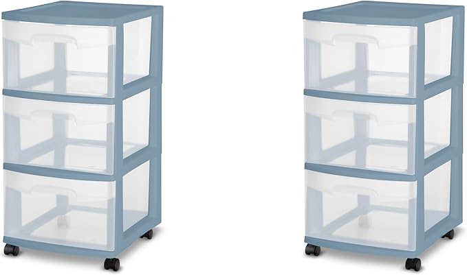 Sterilite 3 Drawer Storage Cart, Plastic Rolling Cart with Wheels Organize Clothes in Bedroom Closet, Easy Assembly, Blue with Clear Drawers, 2-Pack