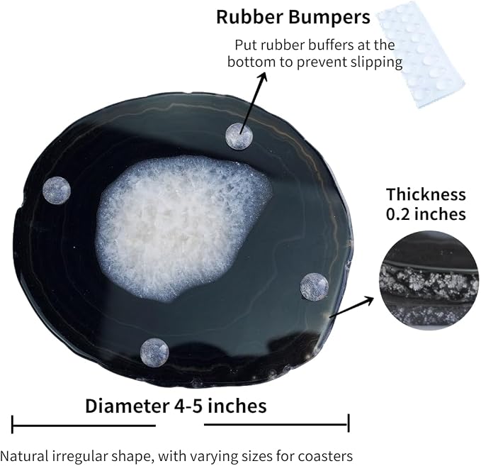 Black Agate Slices Geode Coasters Set of 4 with Rubber Bumpers - Unique 4-5 Inch Dyed Stone Drink Crystal Coasters Bulk for Home Decor, Coffee Table, Bar Accessories
