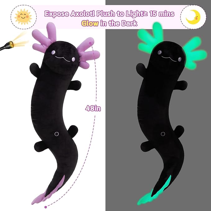 MaoGoLan 48" Giant Axolotl Plush Body Pillow, Large Black Axolotl Stuffed Animal Toy for Kid Girl Boy, Soft Salamander Plush Toy Glow in The Dark, Holiday Birthday Easter Baby Shower Decor Gift