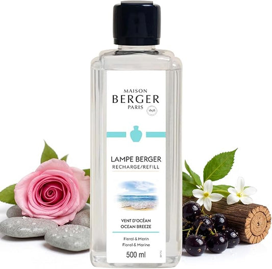 Maison Berger Ocean Breeze Lampe Berger Refill, 500 ml (16.9 fl oz), 2-in-1 Catalytic System, Neutralizes Odors and Diffuses Fragrance, Rose, Blackcurrant, Marine Notes, Jasmine, Made in France