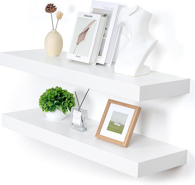 FLYJOE 36'' White Floating Shelves Set of 2, 12 Inch Deep Wood Shelves for Wall, 36 Inch White Shelves for Books, Toiletries, Kitchen Utensils, Laundry, 45Lbs, Hardware Included