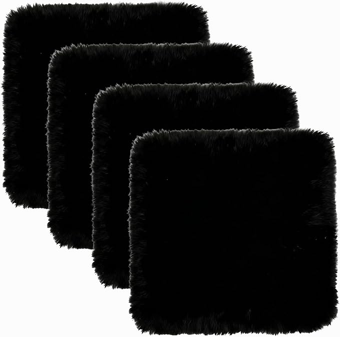 4Pack Sheepskin Chair Pad 18"*18" Black Luxury Beauty | Soft For Wooden Chair Is Hard Non-Slip Design Sheepskin Chair Cushion For Office Desk Chair Dressing Chair Dining Chair