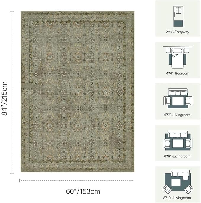 Rugxara 5x7 Area Rugs for Living Room Bedroom, Washable Rug, Vintage Floral Boho Rug, Non Slip & Low Pile Faux Wool Thin Carpet for Indoor Dining Room and Kids Room(Olive Brown 5x7ft)