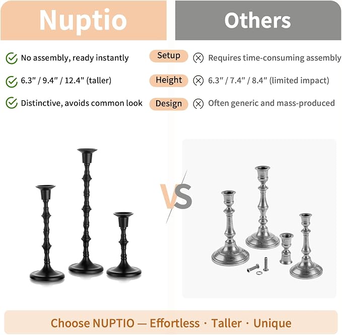 NUPTIO Candle Stick Holders for Centerpeice: Set of 6 Matte Black Taper Candlestick Holders - Bulk Antique Tall Candleholder for Easter Shabbat Table Fireplace Decor