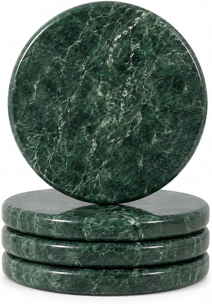 Creative Home Genuine Green Marble Stone Set of 4 Round Coaster Set