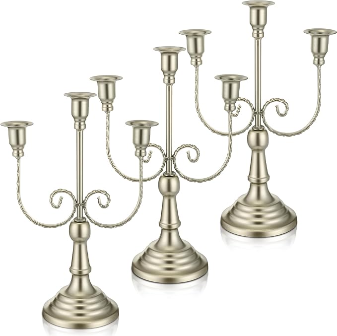 Dandat 3 Pcs 3 Arm Metal Candelabra Candlestick Holders Tall Candlestick Holders Gothic Candle Holder for Home Wedding Church Christmas Party (Retro,11.8 Inch,Matte Silver)
