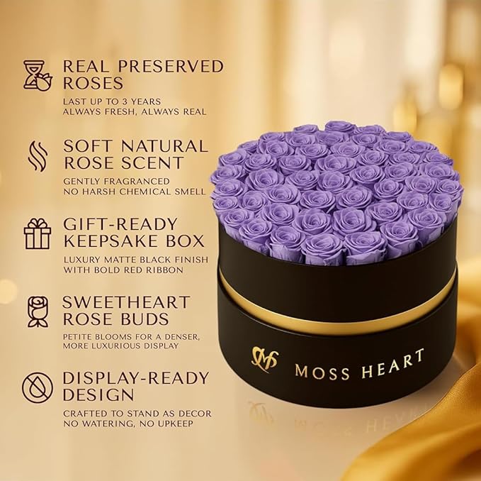 50 Petite Preserved Roses, Designer Round Box, Real Forever Roses Last 1+ Year, Premium Gift for Women, Wife, Girlfriend, Mother’s Day, Birthday, Anniversary, Valentine’s Day