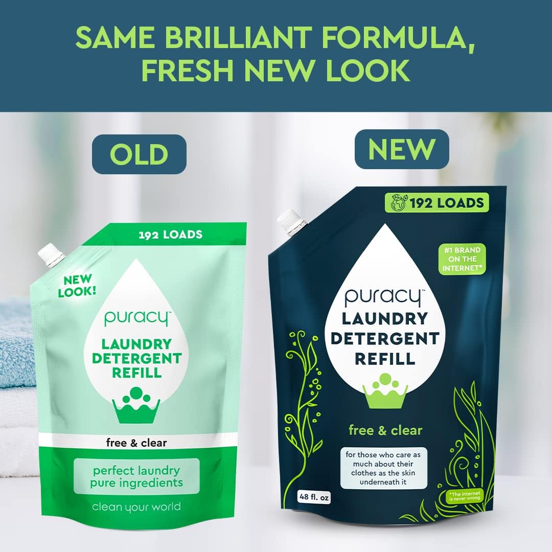 Puracy Laundry Detergent Refill - Enzyme-Powered Liquid Detergent Concentrate, Natural Laundry Detergent Seen on TikTok, Non-Toxic (Free & Clear, 48 fl oz, 192 Loads)