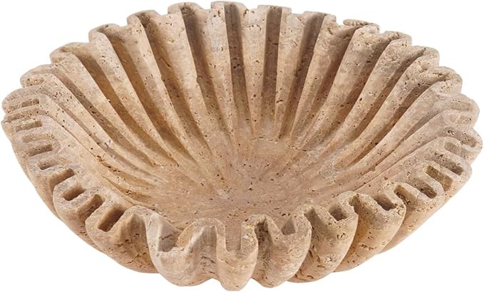 Marble Large Decorative Bowl Handmade 10 Inch Travertine Ruffle Bowl, Scalloped Bowls for Home Decor, Modern Fruit Bowl for Kitchen Counter, Stone Fluted Bowl for Housewarming Gifts