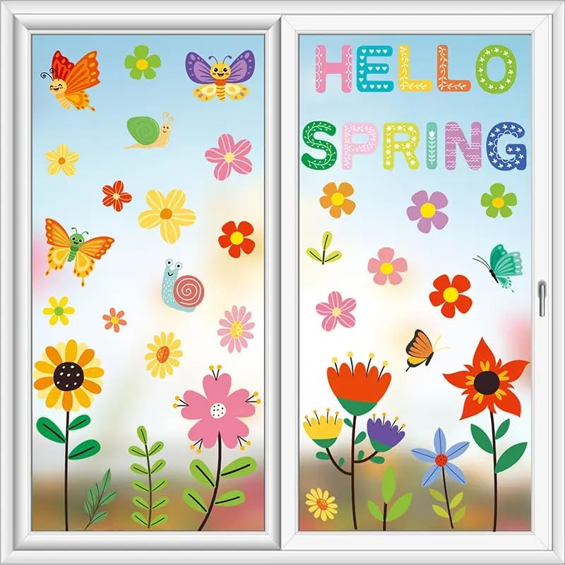 Set of 93 PCS Hello Spring Summer Window Cling Sticker Daisy, Sunflower, Birds, and Butterfly Window Stickers, Spring and Summer Decor, Home, Shop, Party Window Glass Display Stickers