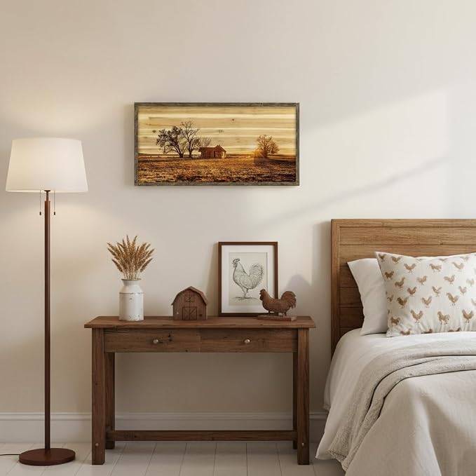 Bedroom Framed Wall Art Picture: Farmhouse Country Barn Wooden Painting Living Room Horizontal Nature Landscape Sunset View Print Long Panoramic Rustic Farm Cabin Sunrise Scene Artwork for Home