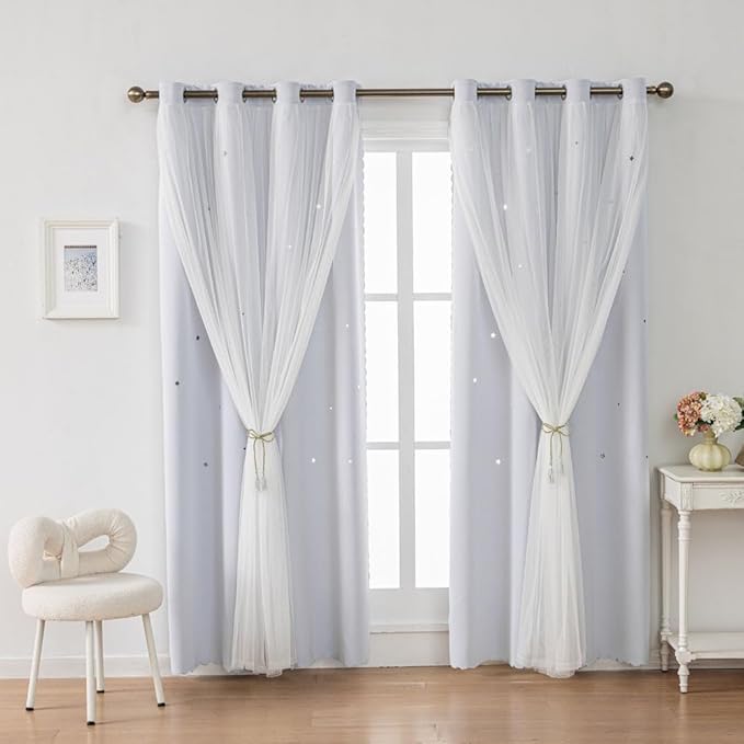 FANLI Ombre Rainbow Blackout Curtains for Kid Girls Bedroom Living Room Darking Stripe Double Layer Star Cut Out Wall Home Decor Gradient Grommet Window Curtains (Greywish White 72)